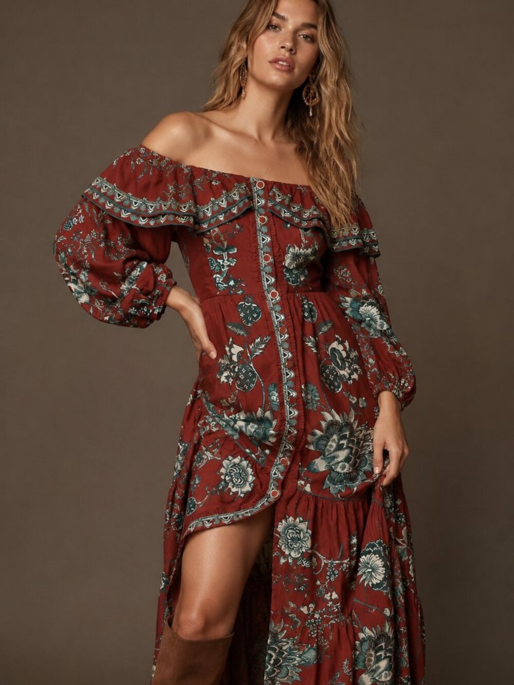 Farm Rio Red Tropical Landing Off Shoulder Maxi Dress NWT Size M